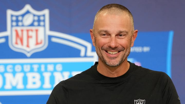 Feb 24, 2026; Indianapolis, IN, USA; Las Vegas Raiders general manager John Spytek speaks at the NFL Scouting Combine at the Indiana Convention Center. Mandatory Credit: Kirby Lee-Imagn Images