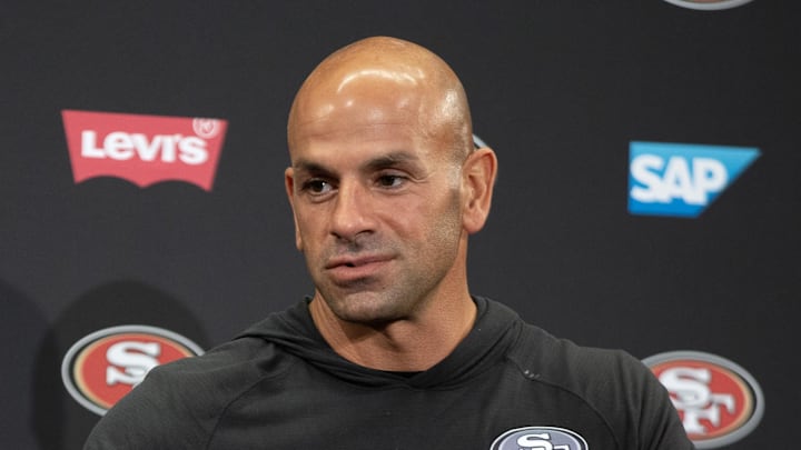 Jul 24, 2025; Santa Clara, CA, USA; San Francisco 49ers defensive coordinator Robert Saleh answers questions from reporters following the second day of training camp. Mandatory Credit: D. Ross Cameron-Imagn Images