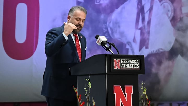 Nov 28, 2022; Omaha, Nebraska, US;  Nebraska Cornhuskers head coach Matt Rhule speaks at the