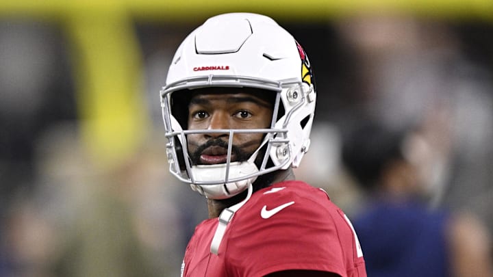 Nov 3, 2025; Arlington, Texas, USA;  Arizona Cardinals quarterback Jacoby Brissett (7) warms up before the game against the Dallas Cowboys at AT&T Stadium. Mandatory Credit: Jerome Miron-Imagn Images