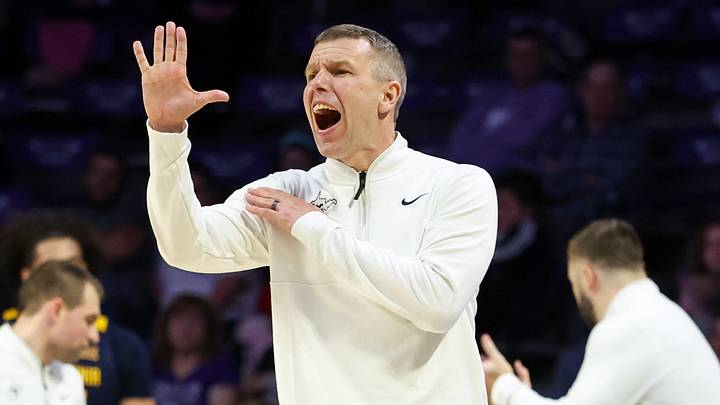 Mar 3, 2026; Manhattan, Kansas, USA; West Virginia Mountaineers head coach Ross Hodge yells at his team during the first half against the Kansas State Wildcats at Bramlage Coliseum. Mandatory Credit: Scott Sewell-Imagn Images