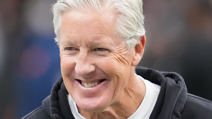 Dec 7, 2025; Paradise, Nevada, USA;  Las Vegas Raiders head coach Pete Carroll on the field prior to a game against the Denver Broncos at Allegiant Stadium. Mandatory Credit: Stephen R. Sylvanie-Imagn Images