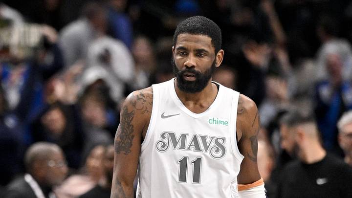 Feb 21, 2025; Dallas, Texas, USA; Dallas Mavericks guard Kyrie Irving (11) looks on after he makes a three point shot against the New Orleans Pelicans during the second half at the American Airlines Center. Mandatory Credit: Jerome Miron-Imagn Images