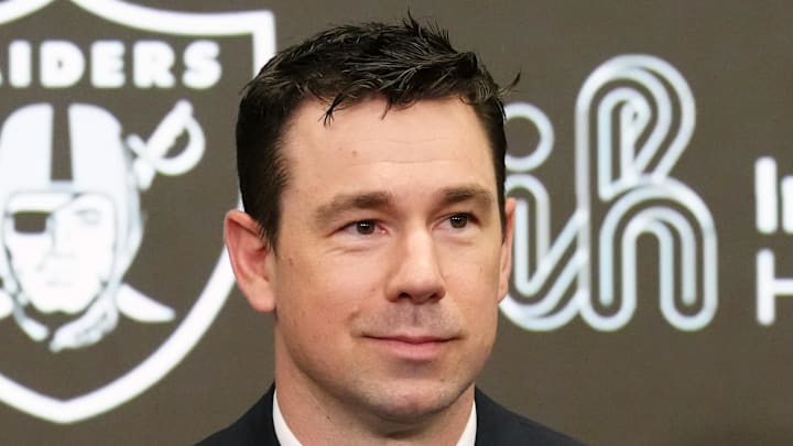 Feb 10, 2026; Las Vegas, NV, USA; Las Vegas Raiders coach Klint Kubiak speaks at introductory press conference at Intermountain Health Performance Center. Mandatory Credit: Kirby Lee-Imagn Images