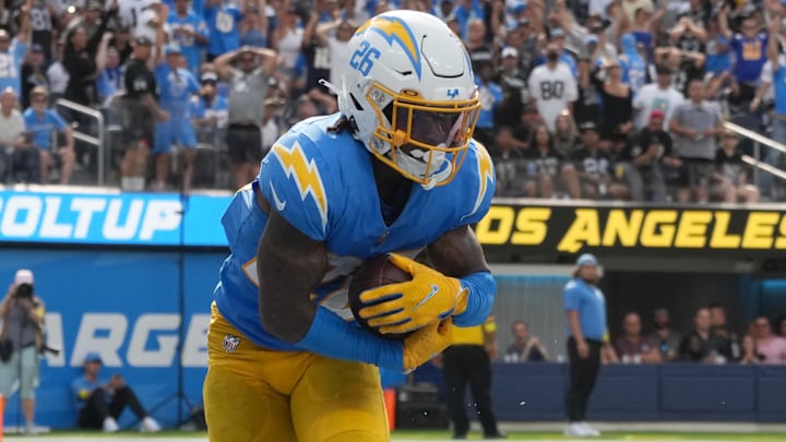 Sep 11, 2022; Inglewood, California, USA; Los Angeles Chargers cornerback Asante Samuel Jr. (26) intercepts a pass against the Las Vegas Raiders in the second half at SoFi Stadium. Mandatory Credit: Kirby Lee-Imagn Images