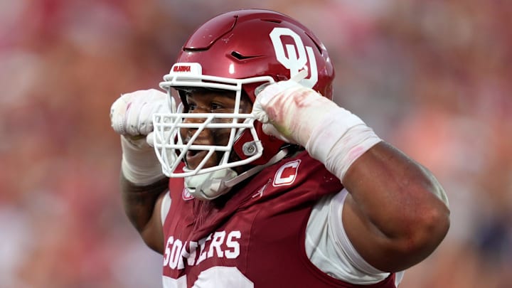 Former Oklahoma Sooners defensive lineman Gracen Halton celebrates after a sack.