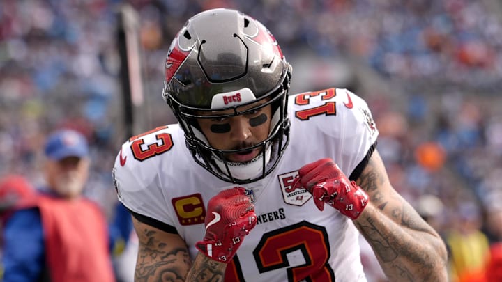 Tampa Bay Buccaneers wide receiver Mike Evans (13) reacts to a touchdown during the first half against the Carolina Panthers