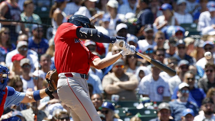 Boston Red Sox designated hitter Roman Anthony (19) hits an RBI-double against the Chicago Cubs during the third inning at Wrigley Field on July 18. 
