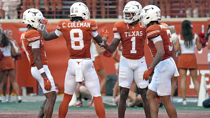 Texas Longhorns wide receiver Cam Coleman (8) celebrates with wide receiver Ryan Wingo and teammates. Mandatory Credit: Scott Wachter-Imagn Images Texas Longhorns wide receiver Cam Coleman (8) celebrates with wide receiver Ryan Wingo and teammates. Mandatory Credit: Scott Wachter-Imagn Images
