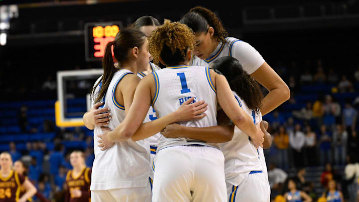 Feb 2, 2025; Los Angeles, California, USA; UCLA Bruins starting five: UCLA Bruins guard Kiki Rice (1), Gabriela Jaquez (11), Angela Dugalic (32), Lauren Betts (51) and Londynn Jones (3) huddle before playing Minnesota Golden Gophers at Pauley Pavilion presented by Wescom. Mandatory Credit: Robert Hanashiro-Imagn Images Feb 2, 2025; Los Angeles, California, USA; UCLA Bruins starting five: UCLA Bruins guard Kiki Rice (1), Gabriela Jaquez (11), Angela Dugalic (32), Lauren Betts (51) and Londynn Jones (3) huddle before playing Minnesota Golden Gophers at Pauley Pavilion presented by Wescom. Mandatory Credit: Robert Hanashiro-Imagn Images