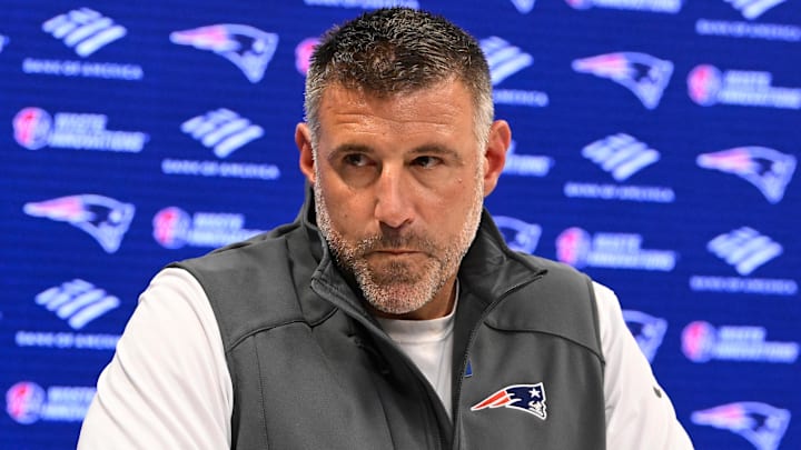 May 9, 2025; Foxborough, MA, USA;  New England Patriots head coach Mike Vrabel speaks the to media during a press conference at Gillette Stadium. Mandatory Credit: Eric Canha-Imagn Images