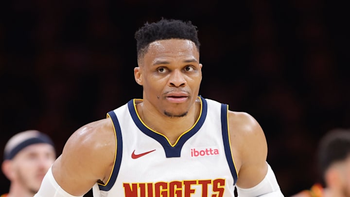 May 5, 2025; Oklahoma City, Oklahoma, USA; Denver Nuggets guard Russell Westbrook (4) runs down the court after a play against the Oklahoma City Thunder during the second half during game one of the second round for the 2025 NBA Playoffs at Paycom Center. Mandatory Credit: Alonzo Adams-Imagn Images