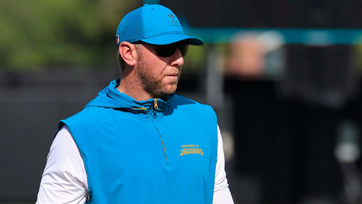 Jacksonville Jaguars head coach Liam Coen looks on during an NFL training camp session at the Miller Electric Center, Thursday, Aug. 14, 2025 in Jacksonville, Fla.