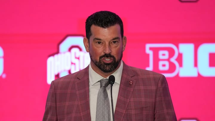 Jul 22, 2025; Las Vegas, NV, USA; Ohio State head coach Ryan Day speaks to the media during the Big Ten NCAA college football media days at Mandalay Bay Resort. Mandatory Credit: Lucas Peltier-Imagn Images