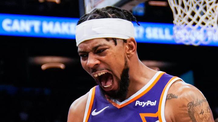 Nov 23, 2025; Phoenix, Arizona, USA; Phoenix Suns guard Jordan Goodwin (23) reacts in the first half of the game at Mortgage Match Up Center. Mandatory Credit: Arianna Grainey-Imagn Images
