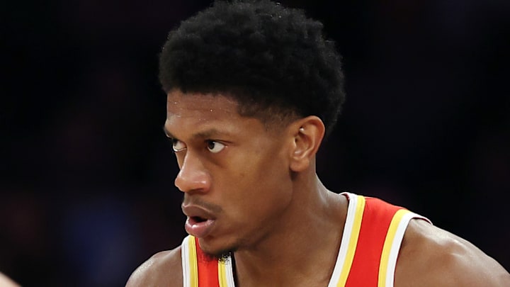 De'Andre Hunter #12 of the Atlanta Hawks reacts against the New York Knicks.