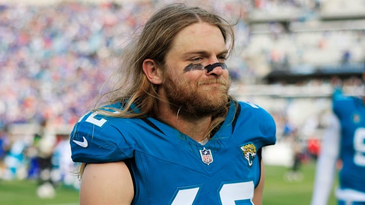 Jacksonville Jaguars safety Andrew Wingard (42) walks off the field after the game of an NFL football AFC Wild Card playoff matchup, Sunday, Jan. 11, 2026, in Jacksonville, Fla. The Bills defeated the Jaguars 27-24.