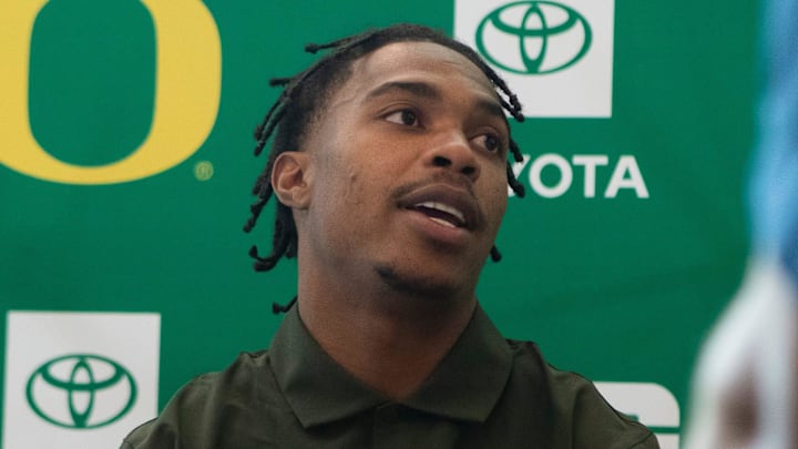Oregon’s Gary Bryant Jr. answers questions during Oregon football’s media day Monday, July 29, 2024 at Autzen Stadium in Eugene, Ore.