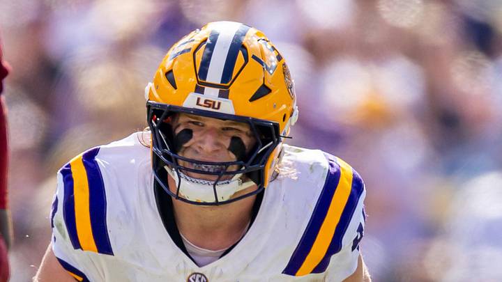 Nov 15, 2025; Baton Rouge, Louisiana, USA; LSU Tigers defensive end Jack Pyburn (44) looks on against Arkansas Razorbacks quarterback Taylen Green (10) during the first half at Tiger Stadium. Mandatory Credit: Stephen Lew-Imagn Images Nov 15, 2025; Baton Rouge, Louisiana, USA; LSU Tigers defensive end Jack Pyburn (44) looks on against Arkansas Razorbacks quarterback Taylen Green (10) during the first half at Tiger Stadium. Mandatory Credit: Stephen Lew-Imagn Images