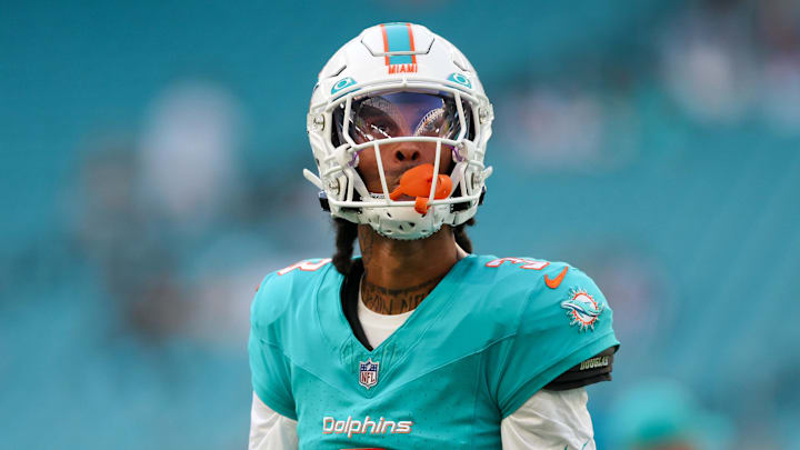 Aug 11, 2023; Miami Gardens, Florida, USA;  Miami Dolphins wide receiver Robbie Chosen (3) warms up before a game against the Atlanta Falcons at Hard Rock Stadium. Mandatory Credit: Nathan Ray Seebeck-Imagn Images