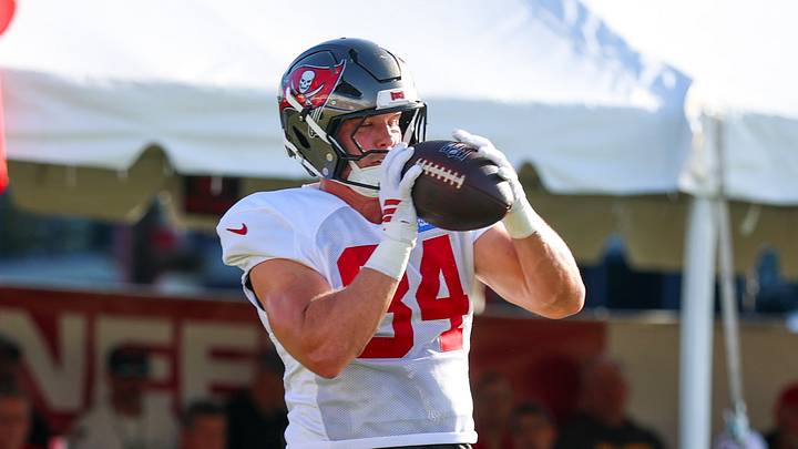 Tampa Bay Buccaneers tight end Bauer Sharp (84) participates in training camp at AdventHealth Training Center. Tampa Bay Buccaneers tight end Bauer Sharp (84) participates in training camp at AdventHealth Training Center.