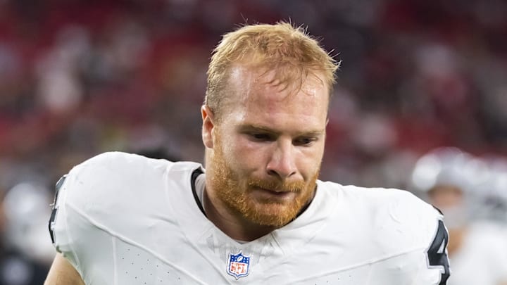 Aug 23, 2025; Glendale, Arizona, USA; Las Vegas Raiders linebacker Tommy Eichenberg (44) against the Arizona Cardinals during a preseason NFL game at State Farm Stadium. Mandatory Credit: Mark J. Rebilas-Imagn Images