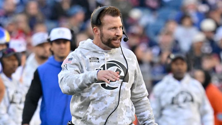 Nov 17, 2024; Foxborough, Massachusetts, USA;  Los Angeles Rams head coach Sean McVay reacts to game action during the first half against the New England Patriots at Gillette Stadium. Mandatory Credit: Eric Canha-Imagn Images