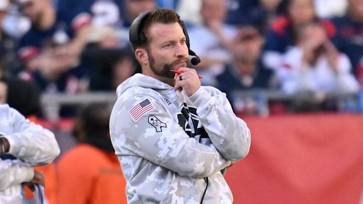 Nov 17, 2024; Foxborough, Massachusetts, USA;  Los Angeles Rams head coach Sean McVay watches from the sideline during the first half against the New England Patriots at Gillette Stadium. Mandatory Credit: Eric Canha-Imagn Images