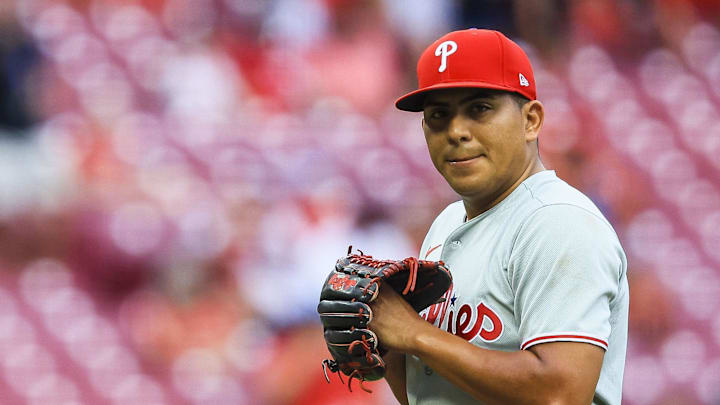 Aug 12, 2025; Cincinnati, Ohio, USA; Philadelphia Phillies starting pitcher Ranger Suarez (55) prepares to pitch in the first inning against the Cincinnati Reds at Great American Ball Park. Mandatory Credit: Katie Stratman-Imagn Images