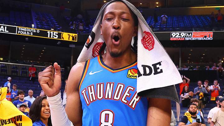 Apr 26, 2025; Memphis, Tennessee, USA; Oklahoma City Thunder forward Jalen Williams (8) reacts after defeating the Memphis Grizzlies in game four for the first round of the 2024 NBA Playoffs at FedExForum. Mandatory Credit: Petre Thomas-Imagn Images