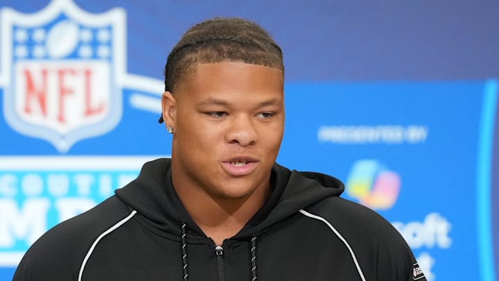 Feb 25, 2026; Indianapolis, IN, USA; Clemson defensive lineman Peter Woods (DL29) speaks during the NFL Scouting Combine at the Indiana Convention Center. Mandatory Credit: Kirby Lee-Imagn Images
