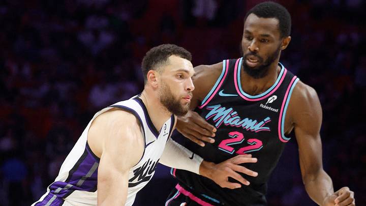 Dec 6, 2025; Miami, Florida, USA; Miami Heat forward Andrew Wiggins (22) defends Sacramento Kings guard Zach LaVine (8) during the second half at Kaseya Center. Mandatory Credit: Rhona Wise-Imagn Images Dec 6, 2025; Miami, Florida, USA; Miami Heat forward Andrew Wiggins (22) defends Sacramento Kings guard Zach LaVine (8) during the second half at Kaseya Center. Mandatory Credit: Rhona Wise-Imagn Images