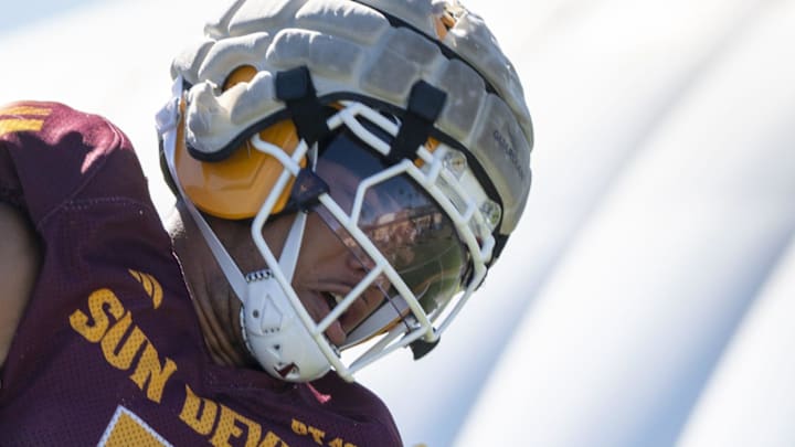Raiden Vines-Bright (#7 WR) catches a pass during ASU football practice at Kajikawa Practice fields in Tempe, Arizona, on March 19, 2026. Raiden Vines-Bright (#7 WR) catches a pass during ASU football practice at Kajikawa Practice fields in Tempe, Arizona, on March 19, 2026.