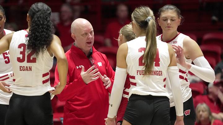 Wisconsin head Kelly Sheffield is shown during their volleyball match. Wisconsin head Kelly Sheffield is shown during their volleyball match.
