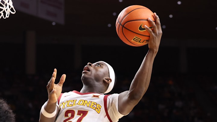 Dec 3, 2025; Ames, Iowa, USA;  Iowa State Cyclones guard Killyan Toure (27) shoots over Alcorn State Braves guard Alex Hawkins (10) during the first half at James H. Hilton Coliseum. 
