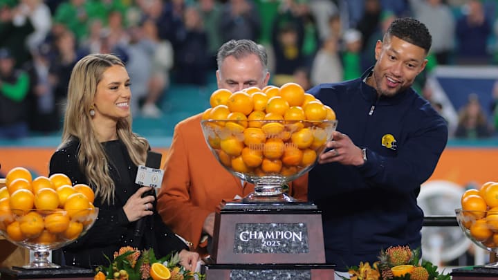 (EDITORS NOTE: caption correction) Jan 9, 2025; Miami, FL, USA; Notre Dame Fighting Irish head coach Marcus Freeman celebrates defeating the Penn State Nittany Lions  in the Orange Bowl at Hard Rock Stadium. 