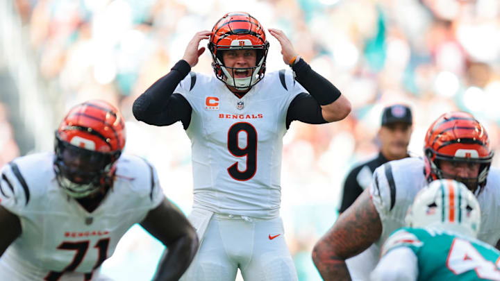 Dec 21, 2025; Miami Gardens, Florida, USA; Cincinnati Bengals quarterback Joe Burrow (9) reacts before the play during the second quarter against the Miami Dolphins at Hard Rock Stadium. Mandatory Credit: Sam Navarro-Imagn Images Dec 21, 2025; Miami Gardens, Florida, USA; Cincinnati Bengals quarterback Joe Burrow (9) reacts before the play during the second quarter against the Miami Dolphins at Hard Rock Stadium. Mandatory Credit: Sam Navarro-Imagn Images