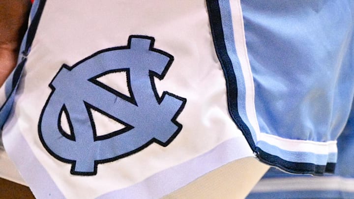 Jan 3, 2026; Dallas, Texas, USA; A view of the North Carolina Tar Heels logo on the shorts of forward Caleb Wilson (8) during the second half against the SMU Mustangs at Moody Coliseum. Mandatory Credit: Jerome Miron-Imagn Images