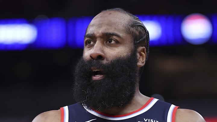 Los Angeles Clippers guard James Harden reacts after a play during the third quarter against the Houston Rockets.