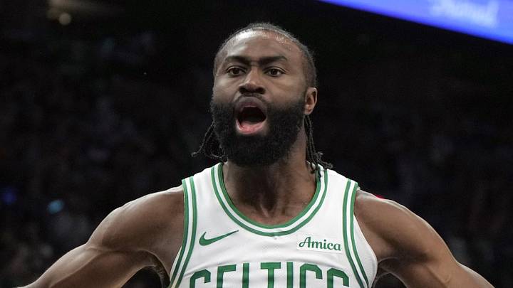 Mar 26, 2025; Phoenix, Arizona, USA; Boston Celtics guard Jaylen Brown (7) reacts after scoring against the Phoenix Suns during the second half at Footprint Center. Mandatory Credit: Rick Scuteri-Imagn Images Mar 26, 2025; Phoenix, Arizona, USA; Boston Celtics guard Jaylen Brown (7) reacts after scoring against the Phoenix Suns during the second half at Footprint Center. Mandatory Credit: Rick Scuteri-Imagn Images
