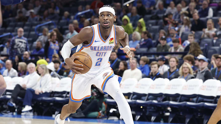 Dec 23, 2024; Oklahoma City, Oklahoma, USA; Oklahoma City Thunder guard Shai Gilgeous-Alexander (2) drives down the court against the Washington Wizards during the second half at Paycom Center. Mandatory Credit: Alonzo Adams-Imagn Images Dec 23, 2024; Oklahoma City, Oklahoma, USA; Oklahoma City Thunder guard Shai Gilgeous-Alexander (2) drives down the court against the Washington Wizards during the second half at Paycom Center. Mandatory Credit: Alonzo Adams-Imagn Images