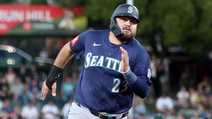 Seattle Mariners first baseman Rowdy Tellez (23) runs to third against the Athletics during the third inning at Sutter Health Park on May 5. Seattle Mariners first baseman Rowdy Tellez (23) runs to third against the Athletics during the third inning at Sutter Health Park on May 5.