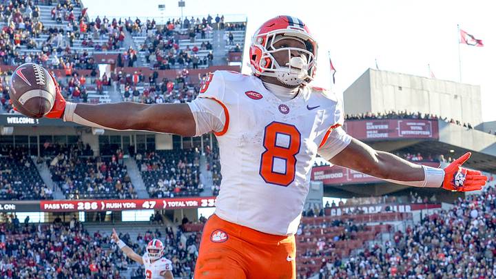 Clemson running back Adam Randall (8) scores a two-point conversion against South Carolina during the fourth quarter at Williams-Brice Stadium in Columbia, S.C. Saturday, November 29, 2025.