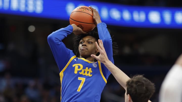 Mar 15, 2024; Washington, D.C., USA; Pittsburgh Panthers guard Carlton Carrington (7) shoots the ball as North Carolina Tar Heels guard Cormac Ryan (3) defends in the first half at Capital One Arena. Mandatory Credit: Geoff Burke-USA TODAY Sports Mar 15, 2024; Washington, D.C., USA; Pittsburgh Panthers guard Carlton Carrington (7) shoots the ball as North Carolina Tar Heels guard Cormac Ryan (3) defends in the first half at Capital One Arena. Mandatory Credit: Geoff Burke-USA TODAY Sports