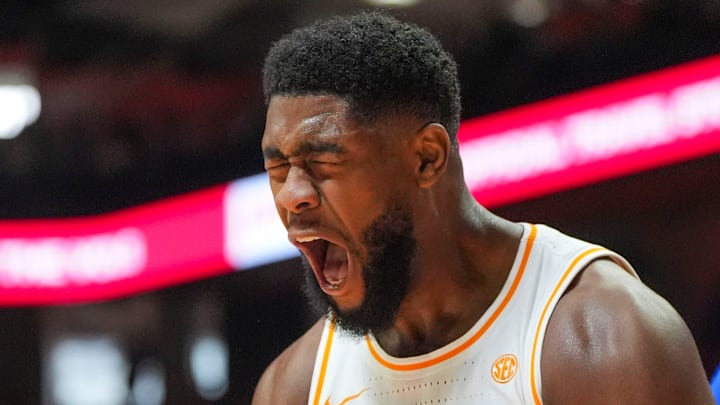 Tennessee forward Jaylen Carey (23) yells in celebration after scoring a basket during a NCAA basketball game between the Tennessee Volunteers and Kentucky Wildcats at Thompson-Boling Arena at Food City Center in Knoxville, Tenn., on Jan. 17, 2026.