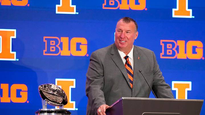 Jul 22, 2025; Las Vegas, NV, USA; Illinois head coach Bret Bielema speaks to the media during the Big Ten NCAA college football media days at Mandalay Bay Resort. Mandatory Credit: Lucas Peltier-Imagn Images