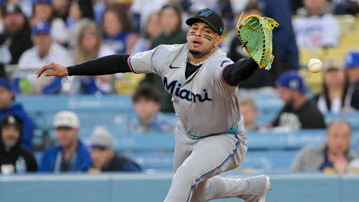Apr 28, 2026; Los Angeles, California, USA; Miami Marlins first baseman Christopher Morel (5) is unable to catch the ball during the first inning against the Los Angeles Dodgers at Dodger Stadium. Mandatory Credit: Jayne Kamin-Oncea-Imagn Images Apr 28, 2026; Los Angeles, California, USA; Miami Marlins first baseman Christopher Morel (5) is unable to catch the ball during the first inning against the Los Angeles Dodgers at Dodger Stadium. Mandatory Credit: Jayne Kamin-Oncea-Imagn Images