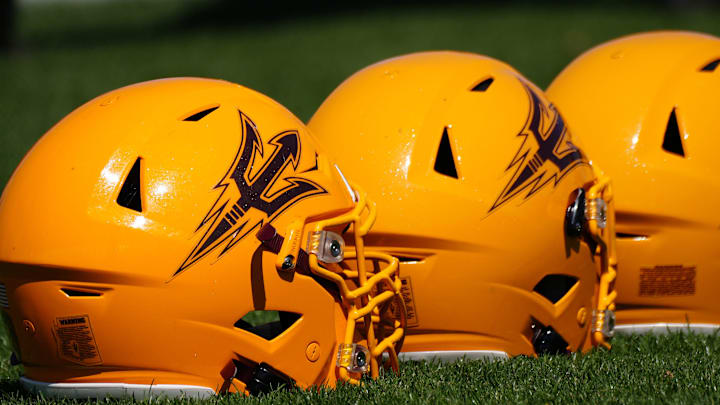 March 30, 2022;  Tempe, AZ, USA; ASU helmets during a practice at Kajikawa Practice fields.

Football Asu Fb