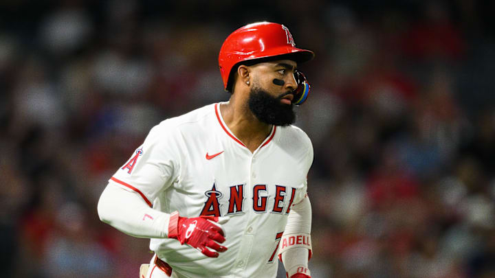 Sep 25, 2025; Anaheim, California, USA; Los Angeles Angels right fielder Jo Adell (7) runs after hitting a single during the sixth inning against the Kansas City Royals at Angel Stadium. Mandatory Credit: William Liang-Imagn Images Sep 25, 2025; Anaheim, California, USA; Los Angeles Angels right fielder Jo Adell (7) runs after hitting a single during the sixth inning against the Kansas City Royals at Angel Stadium. Mandatory Credit: William Liang-Imagn Images
