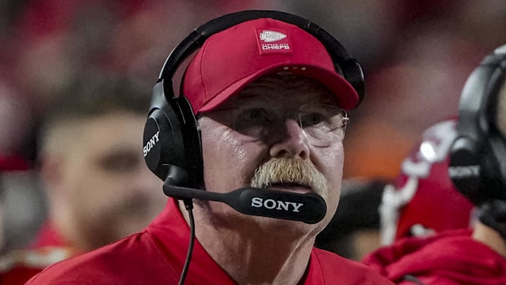 Dec 25, 2025; Kansas City, Missouri, USA; Kansas City Chiefs coach Andy Reid during the second quarter at GEHA Field at Arrowhead Stadium. Mandatory Credit: Denny Medley-Imagn Images